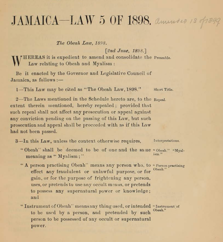 Foto van de 'Obeah Law' uit Jamaica uit 1898 